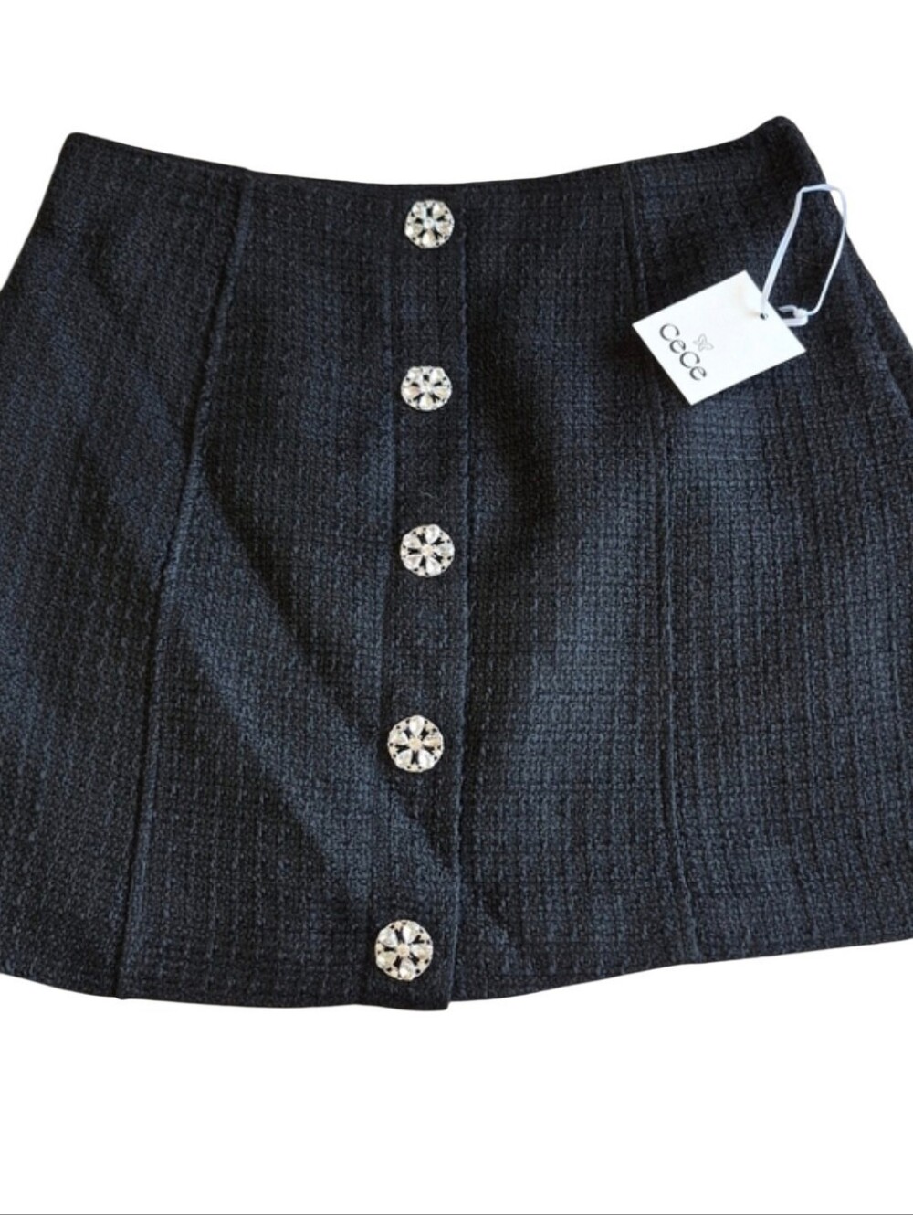 CeCe Size 10 Black Tweed Mini Skirt Crystal Jeweled Buttons NWT